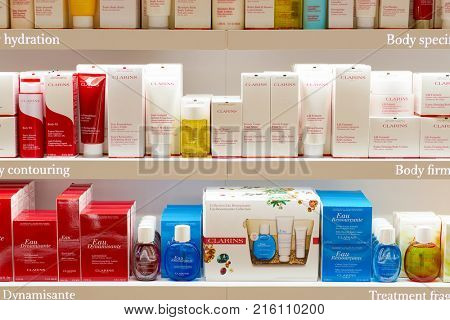 ROME, ITALY - CIRCA NOVEMBER, 2017: Clarins beauty products sit on display at a second flagship store of Rinascente in Rome. Clarins is a French luxury skin care, cosmetics and perfume company
