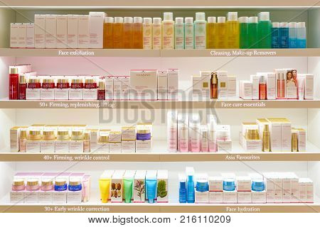 ROME, ITALY - CIRCA NOVEMBER, 2017: Clarins beauty products sit on display at a second flagship store of Rinascente in Rome. Clarins is a French luxury skin care, cosmetics and perfume company