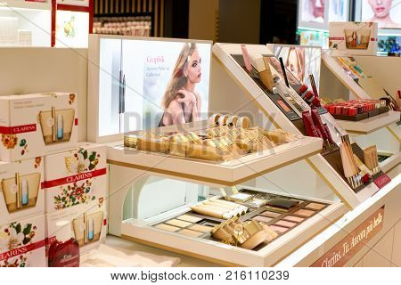 ROME, ITALY - CIRCA NOVEMBER, 2017: Clarins beauty products sit on display at a second flagship store of Rinascente in Rome. Clarins is a French luxury skin care, cosmetics and perfume company