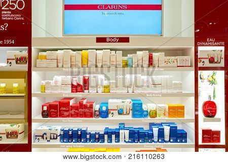 ROME, ITALY - CIRCA NOVEMBER, 2017: Clarins beauty products sit on display at a second flagship store of Rinascente in Rome. Clarins is a French luxury skin care, cosmetics and perfume company