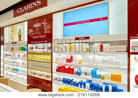ROME, ITALY - CIRCA NOVEMBER, 2017: Clarins beauty products sit on display at a second flagship store of Rinascente in Rome. Clarins is a French luxury skin care, cosmetics and perfume company