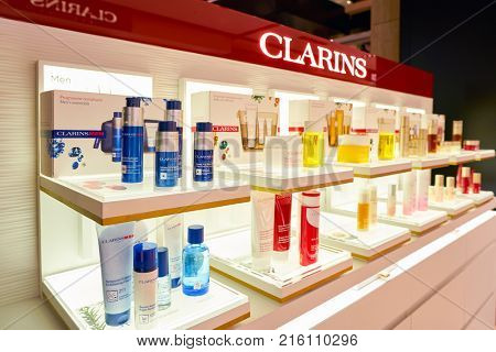 ROME, ITALY - CIRCA NOVEMBER, 2017: Clarins beauty products sit on display at a second flagship store of Rinascente in Rome. Clarins is a French luxury skin care, cosmetics and perfume company