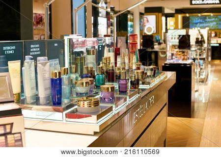 ROME, ITALY - CIRCA NOVEMBER, 2017: Estee Lauder cosmetics on display at a second flagship store of Rinascente in Rome.