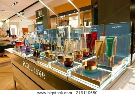 ROME, ITALY - CIRCA NOVEMBER, 2017: Estee Lauder cosmetics on display at a second flagship store of Rinascente in Rome.