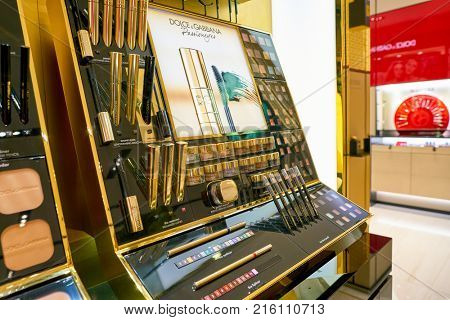 ROME, ITALY - CIRCA NOVEMBER, 2017: Dolce & Gabbana beauty products sit on display at a second flagship store of Rinascente in Rome. Dolce & Gabbana is an Italian luxury fashion house