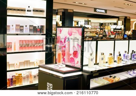 ROME, ITALY - CIRCA NOVEMBER, 2017: bottles of Givenchy fragrance sit on display at a second flagship store of Rinascente in Rome.