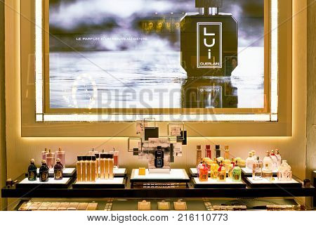 ROME, ITALY - CIRCA NOVEMBER, 2017: bottles of Guerlain fragrance sit on display at a second flagship store of Rinascente in Rome.