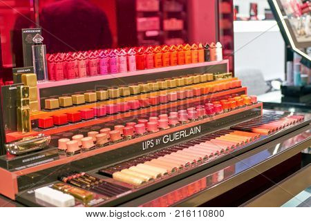 ROME, ITALY - CIRCA NOVEMBER, 2017: Guerlain cosmetics on display at a second flagship store of Rinascente in Rome.