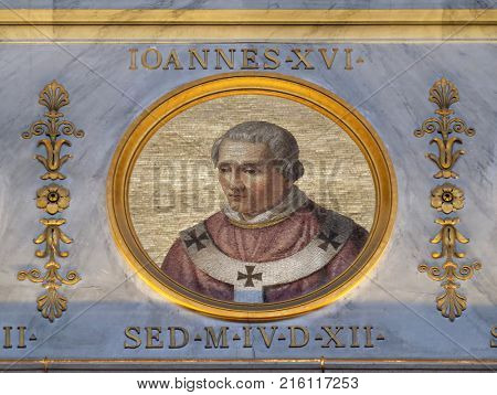 ROME, ITALY - SEPTEMBER 05: The icon of Pope Antipope John XVI, born John Filagatto was Pope from 997 to 998, the basilica of Saint Paul Outside the Walls, Rome, Italy on September 05, 2016.