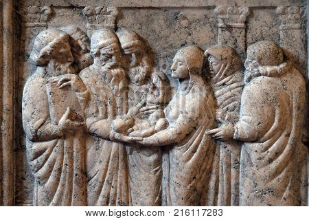 ZAGREB, CROATIA - AUGUST 19: The Presentation of Jesus in the Temple by Ivan Mestrovic in the church of St. Mark in Zagreb, Croatia on August 19, 2017.