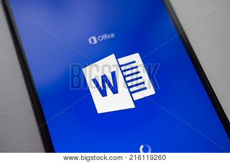 Berlin Germany - November 19 2017: Microsoft Word application on screen modern smartphone. Microsoft office on mobile phone