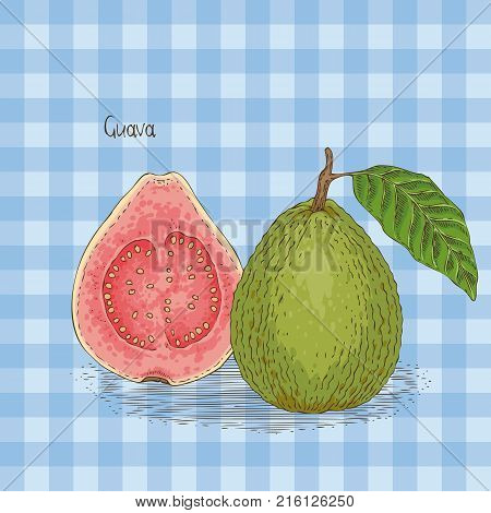 Card with Ripe Guava with Green Leaf on a Blue Plaid Background