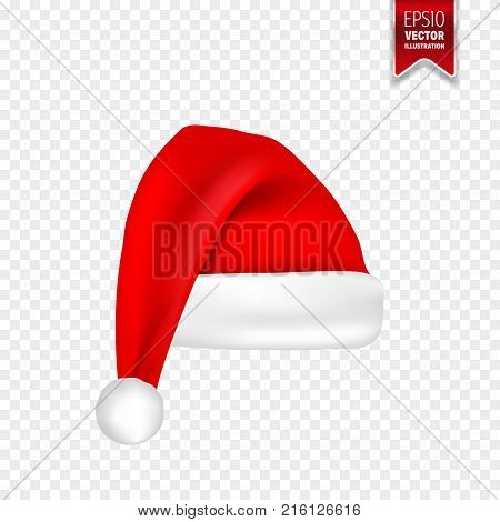 Christmas Santa Claus Hats With Shadow Set. New Year Red Hat Isolated on Transparent Background. Vector illustration.