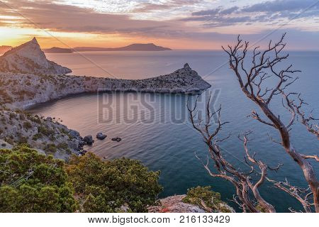 Seascape in the mountains early in the morning at sunrise summer in Crimea