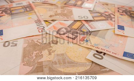 Background of banknotes. Euro banknotes 50 fifty. Money background.