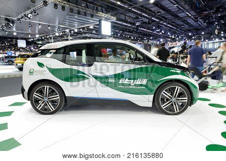 DUBAI UAE - NOVEMBER 18: The BMW i3 of Dubai Police electric car is on Dubai Motor Show 2017 on November 18 2017