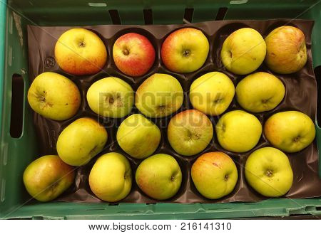 Bramley cooking apples on display in a shop