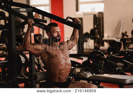 Man in sport theme. Sportsman working out in gym. Muscular bodybuilder doing exercises.