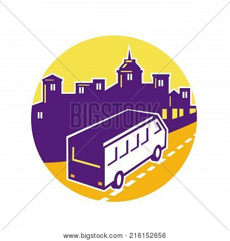 Retro style illustration of a toursit van or shuttle on city street with cityscape or urban landscape buildings set inside circle on isolated background.