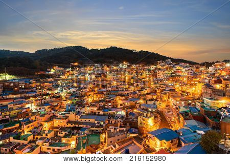 Gamcheon Culture Village at night in Busan South Korea.