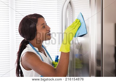 Happy Young African Woman Cleaning Her Stainless Steel Refrigerator With Cloth And Spray Bottle
