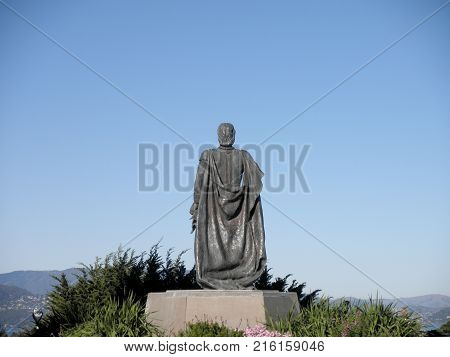 San Francisco - November 23 2009: Christopher Columbus statue in Pioneer Park. A bronze statue of Christopher Columbus was placed in the park in 1957 donated by the city's Italian-American community.