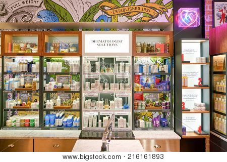 ROME, ITALY - CIRCA NOVEMBER, 2017: Kiehl's cosmetics sit on display. Kiehl's is an American cosmetics brand retailer that specializes in premium skin, hair, and body care products.