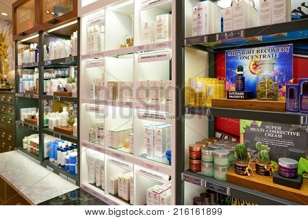 ROME, ITALY - CIRCA NOVEMBER, 2017: Kiehl's cosmetics sit on display. Kiehl's is an American cosmetics brand retailer that specializes in premium skin, hair, and body care products.