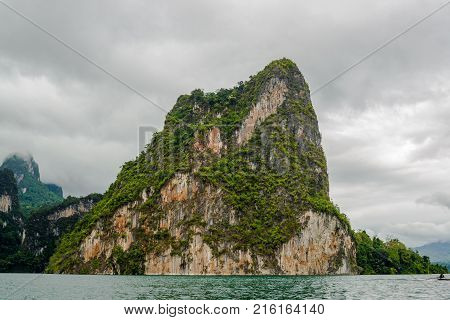 Island in the dam with tree from the boat view Southern of Thailand Surat Thani