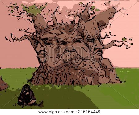 A picture of a girl reading a book near a tree with three faces