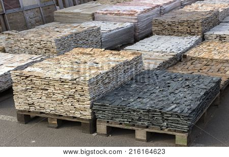 decorative building stone on a pallet can be used for advertising.