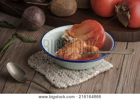 Close up of ripe quince fruits on kitchen counter top.
