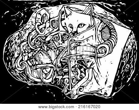 A picture of a surreal image black and white mans face and cat