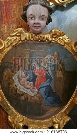 BELEC, CROATIA - NOVEMBER 17: Nativity Scene, altarpiece in the Church of Our Lady of the Snow in Belec, Croatia on November 17, 2011.