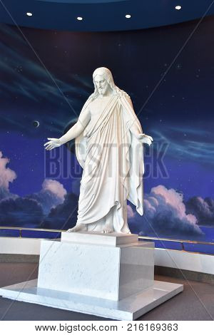 SALT LAKE CITY, UT - AUG 28: North Visitors Center at Temple Square in Salt Lake City, Utah, as seen on Aug 28, 2017. It features a replica of the Christus, a statue of Jesus Christ.