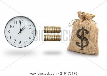 Time is Money concept with a clock  equally with bag from sacking dollar sign