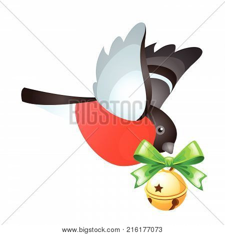 Flying bullfinch is bringing golden jingle bells isolated on white background. Sketch of Christmas festive poster, party invitation, other holiday card. Vector cartoon close-up illustration.