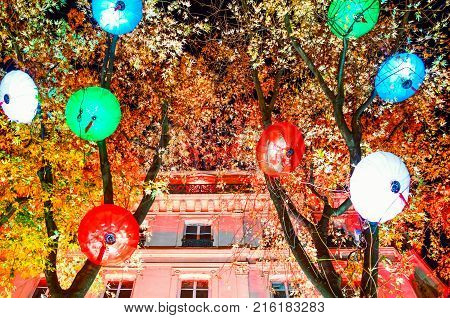 Lyon France - December 9 2016: Festival of Lights art works called Lantern Of Zigong in De La Republique street