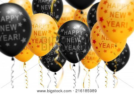 Bright gold and black balloons 2018, Christmas, New Year Balloon with glitter on white background. Isolated. Ballon inscriptions. Christmas and new year celebration