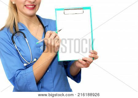 A woman doctor holds a paper tablet and a pencil in her hands. Isolated on white background