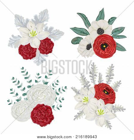 Decorative holiday bouquets set with flowers, leaves and branches. Vintage floral elements. Hand drawn vector illustration in watercolor style
