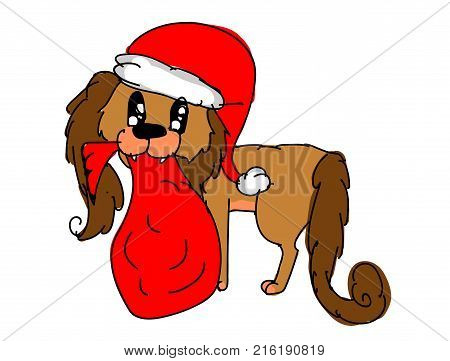 Christmas dog wearing red Santa Claus hat holding Santas red sack or bag with New Years holidays gifts