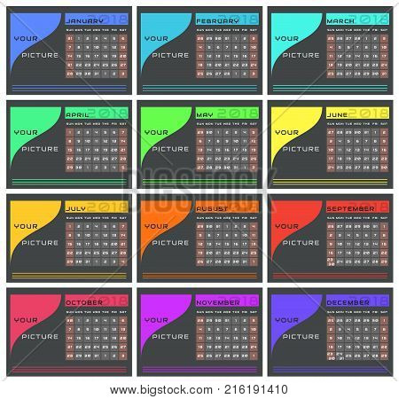 Contrast new 2018 full year calendar in bright rainbow colors on dark background. Week starts in Sunday 12 month with place for images. Work and holiday events planner block-almanac template