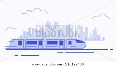 Modern suburban train on rails. Big city with skyscrapers and clouds on background. Mono blue color line illustration. Linear modern trendy vector banner.