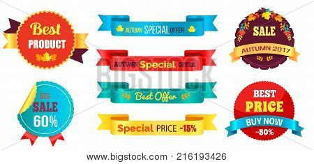 Best price buy now special autumn offer with percent discount on ribbons with different colors and percentages vector illustrations round stamps set