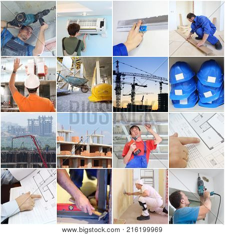 Collage with working builders and construction sites (5 models)