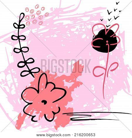 Minimalistic background with paint brush strokes and abstract flowers. Hand drawn elements with white black and pink colors.Vector design.