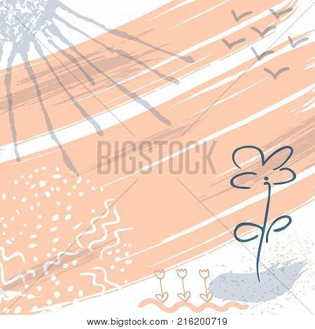 Minimalistic background with paint brush strokes and abstract flowers. Hand drawn texture with white pastel pink and blue colors.Vector design.