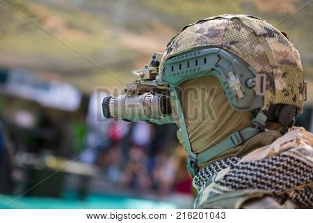 Binocular Night Vision Device on Military Helmet.