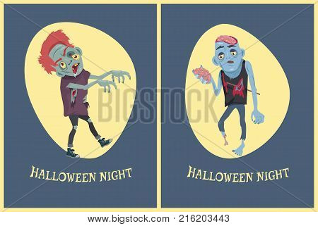 Halloween night set of placards with images of walking zombies placed in light circle, vector illustration isolated on blue background